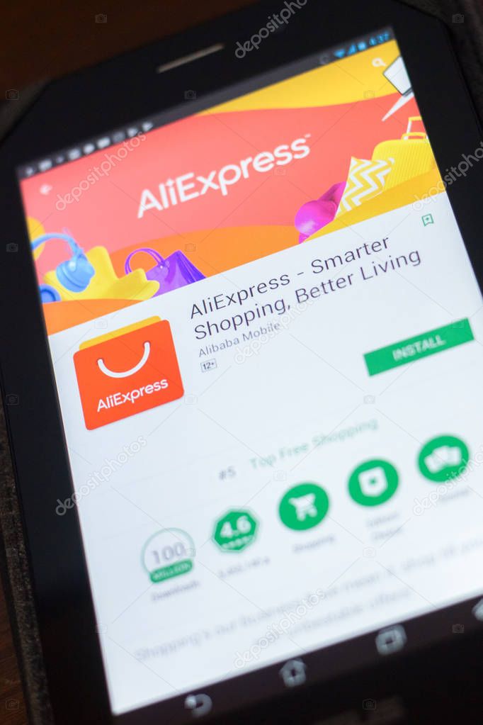 Ryazan, Russia - April 19, 2018 - AliExpress mobile app on the display of tablet PC