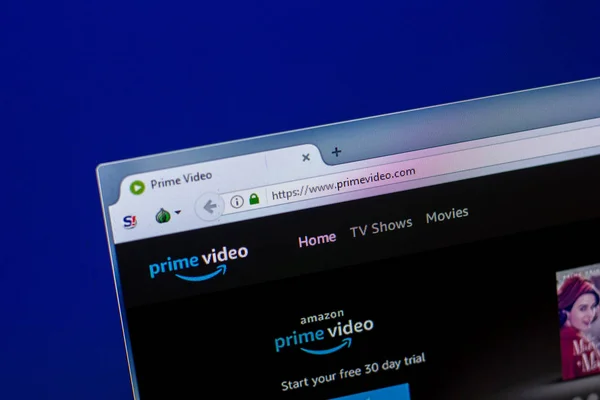 Ryazan, Rusland - April 16, 2018 - Homepage van de Primevideo van de Amazon website op het beeldscherm van de Pc, url - Primevideo.com — Stockfoto