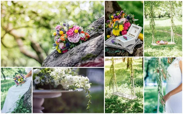 Wedding collage - beautiful ranch wedding on garden outdoors at spring or summer day.