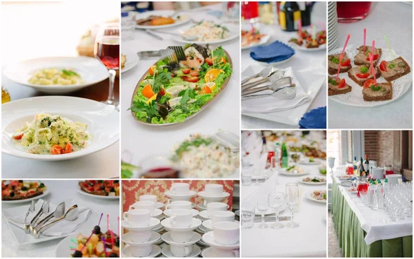 Wedding catering collage - food and crockery for rehearsal dinner.