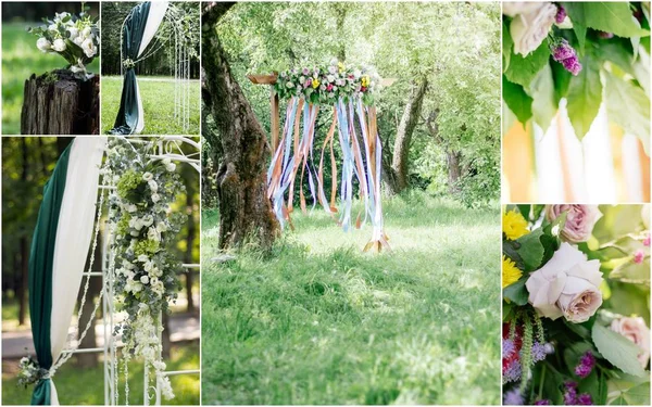 Wedding collage - isle to wedding arc outdoors, flowers and decoration. — Stock Photo, Image