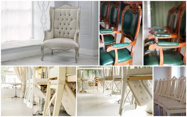 Colagem de aluguel de casamento - cadeiras e outros móveis para convidados . — Fotografia de Stock