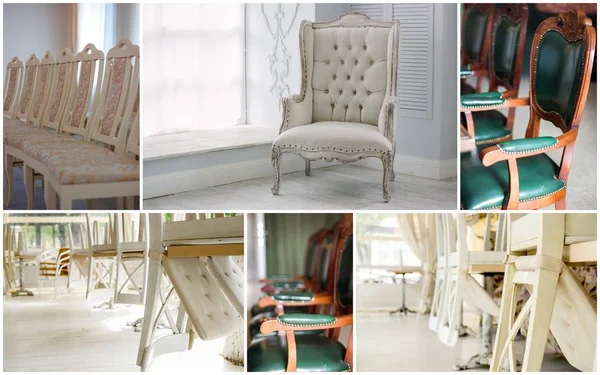 Colagem de aluguel de casamento - cadeiras e outros móveis para convidados . — Fotografia de Stock