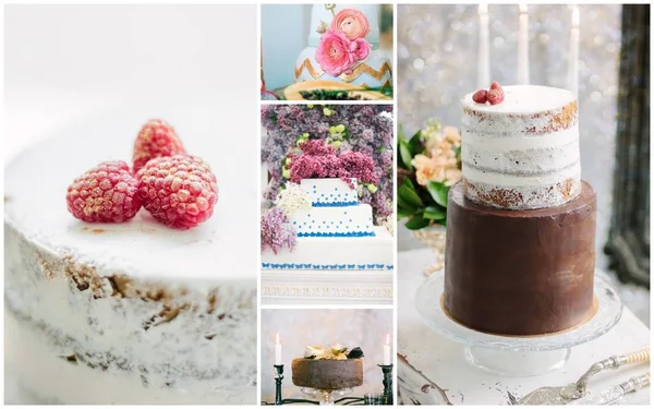Collage of unusual and beautiful wedding cakes with flowers and berries.