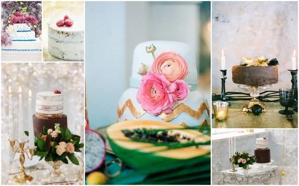 Collage of unusual and beautiful wedding cakes with flowers and berries.