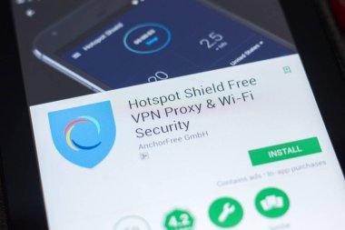 Ryazan, Rusya Federasyonu - 19 Nisan 2018 - Hotspot Shiels özgür Vpn Proxy mobil app Tablet Pc ekranda