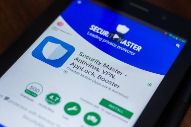 Ryazan, Rusya Federasyonu - 21 Mart 2018 - Güvenlik Master mobil uygulaması Tablet Pc ekranda