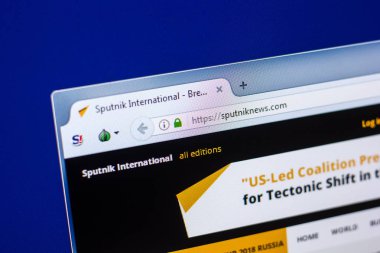 Ryazan, Rusya - 29 Nisan 2018: Sputniknews ana Web sitesi Pc, url - Sputniknews.com görüntüleme.