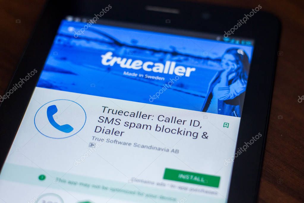 Ryazan, Russia - March 21, 2018 - Truecaller mobile app on the display of tablet PC