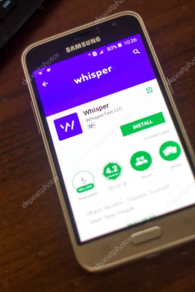 Ryazan, Russia - May 04, 2018: Whisper mobile app on the display of cell phone