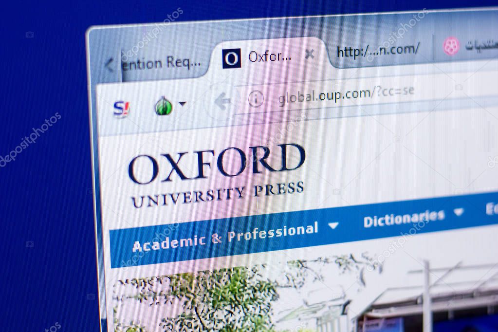 Ryazan, Russia - May 08, 2018: OUP website on the display of PC, url - OUP.com