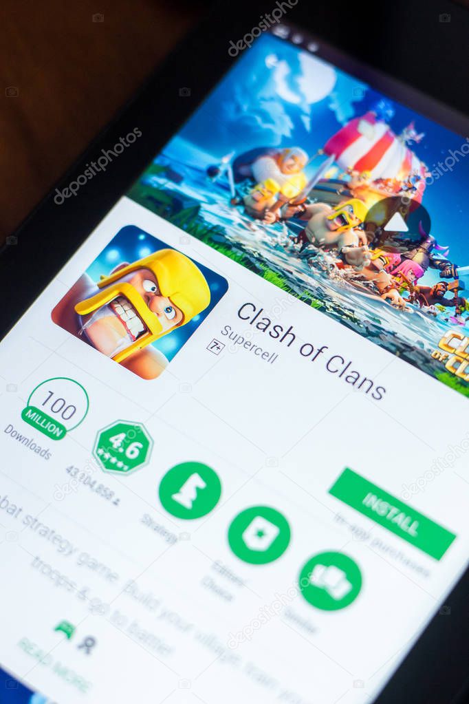 Ryazan, Russia - March 21, 2018 - Clash of Clans mobile app on the display of tablet PC