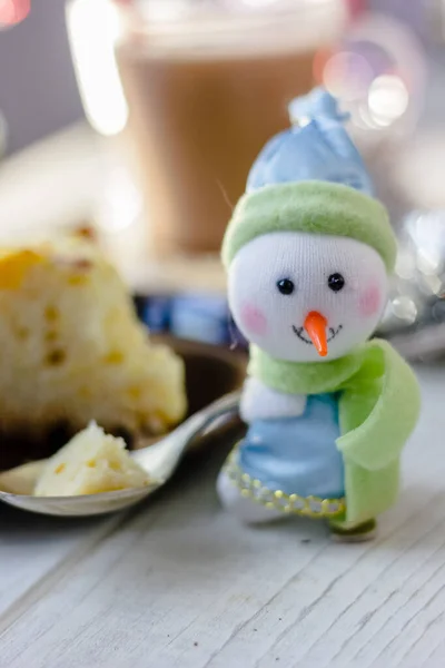 Christmas Snowman Holding Metal Spoon Piece Christmas Pie — Stock Photo, Image