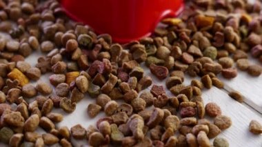 Kurutulmuş hayvan mamasının yakın çekim görüntüleri.