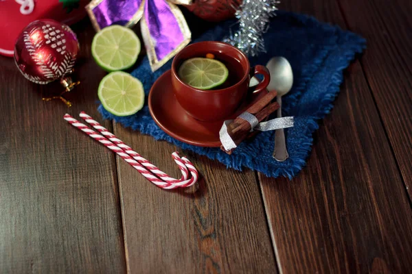 Christmas Tea Wooden Table Lime Candy Canes — Stock Photo, Image