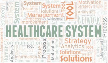 Sağlık sistemi tipografi vektör kelime bulutu. Sadece metinle yapılmış kelime bulutu kolajı. 