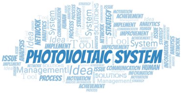 Fotovoltaik sistem tipografi vektör kelime bulutu. Sadece metinle yapılmış kelime bulutu kolajı. 