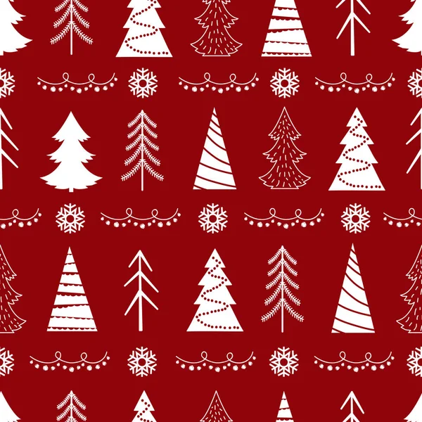 Бесшовный рождественский векторный узор с елочками, снежинками, гирляндами — стоковый вектор