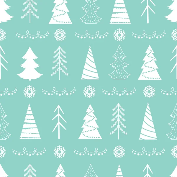 Nahtloses weihnachtliches Vektormuster mit weißen Tannenbäumen, Schneeflocken, Girlanden — Stockvektor