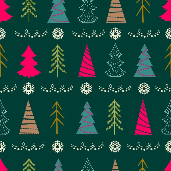 Nahtloses weihnachtliches Vektormuster mit Tannenbäumen, Schneeflocken, Girlanden — Stockvektor