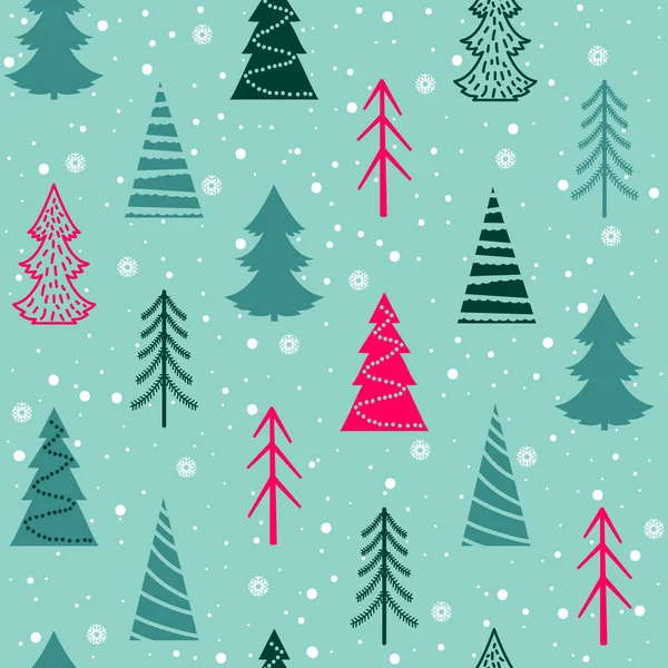 Nahtloses Weihnachtsvektormuster mit Tannenbäumen, Schneeflocken, Schnee — Stockvektor