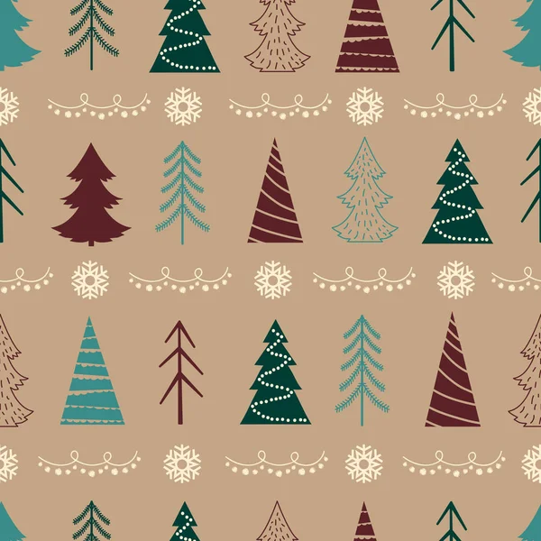 Patrón de vector de Navidad sin costuras con abetos, copos de nieve, guirnaldas — Archivo Imágenes Vectoriales