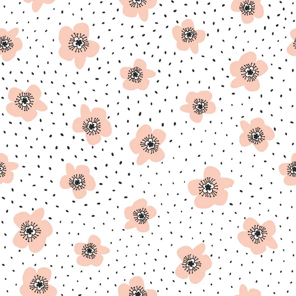Seamless vector pattern with pink flowers and grey dots — Stock Vector
