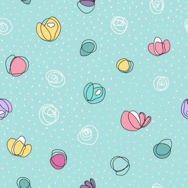 Soyut renkli çiçekler ve beyaz noktalar ile sorunsuz vektör desen