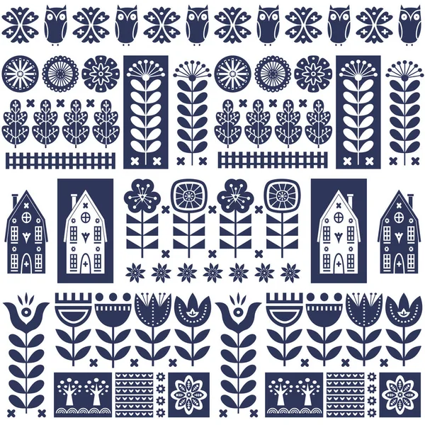 Patrón vectorial sin costuras de arte popular escandinavo con flores, árboles, búho, casas con elementos decorativos en estilo simple — Vector de stock