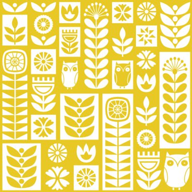 İskandinav Halk sanat sorunsuz vektör desen çiçekler, bitkiler ve minimalist tarzda baykuşlar