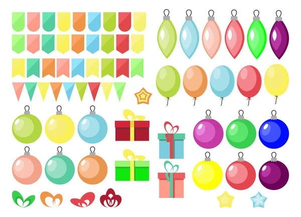 Christmas and New Year set, gift box, ball, balloon, tags, flags, in flat style — стоковый вектор