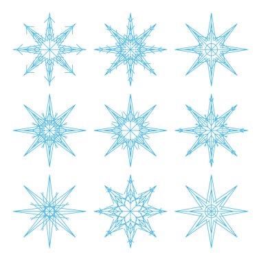 Dokuz kar taneleri set tasarımı için anahat. Beyaz zemin üzerine mavi