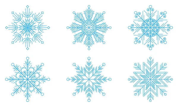 Sechs umrissene Schneeflocken für das Design. blau auf weißem Hintergrund — Stockvektor