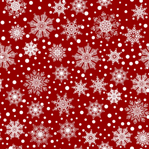 Modello senza cuciture, texture con fiocchi di neve bianchi e neve su sfondo rosso — Vettoriale Stock