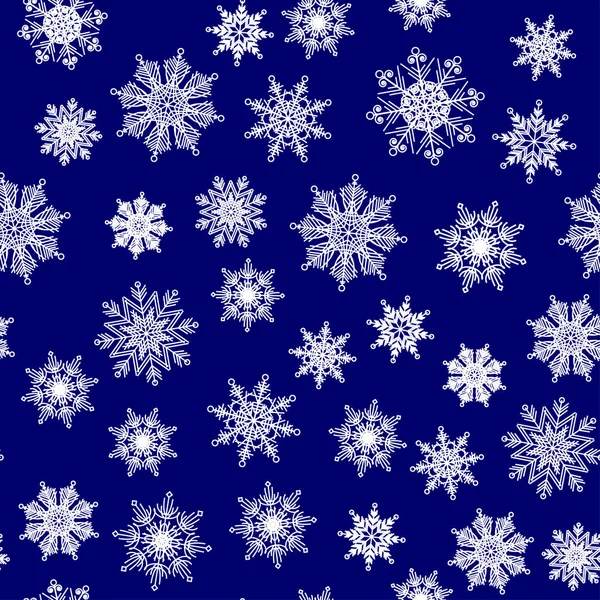 Seamless pattern, texture with white snowflakes on the dark blue background — Stock Vector