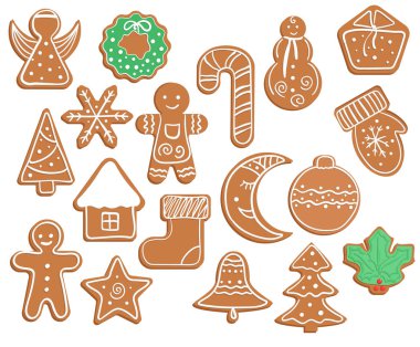 Beyaz arka plan üzerinde gingerbread çerezleri. Kar tanesi, eldiven, yıldız, adam, melek, şeker, moon, Noel ağacı, çelenk, house, çan, top, hediye kutusu, holly berry, çorap şekilleri
