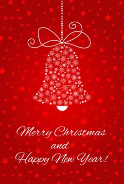 Kar taneleri yapılan Noel bell. Kartpostal, afiş, poster, davet, vb için.