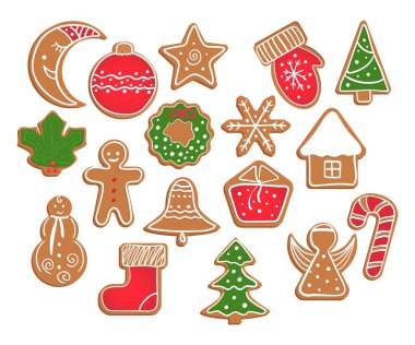 Beyaz arka plan üzerinde gingerbread çerezleri. Kar tanesi, eldiven, yıldız, adam, melek, şeker, moon, Noel ağacı, çelenk, house, çan, top, hediye kutusu, holly berry, çorap şekilleri