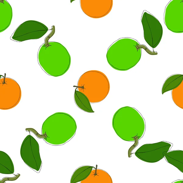 Fondo de patrón sin costura vectorial con limas dibujadas a mano y naranjas en estilo vintage. En blanco. Uso para el textil, tela, papel, tela, página, papel pintado etc. . — Archivo Imágenes Vectoriales