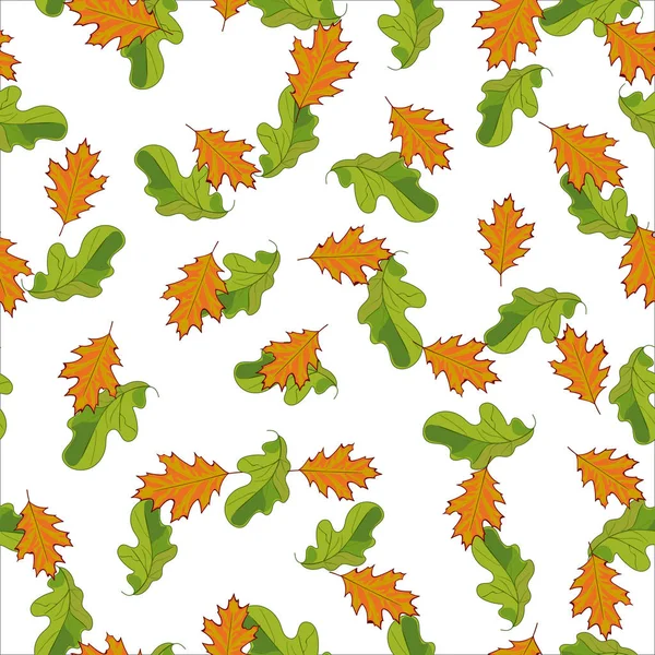 手でシームレスなパターンには、グリーンとオレンジの葉が描かれています。白い背景の上にランダムに掲載. — ストックベクタ