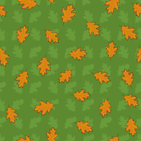 Patrón sin costura con hojas anaranjadas dibujadas a mano sobre fondo verde . — Archivo Imágenes Vectoriales