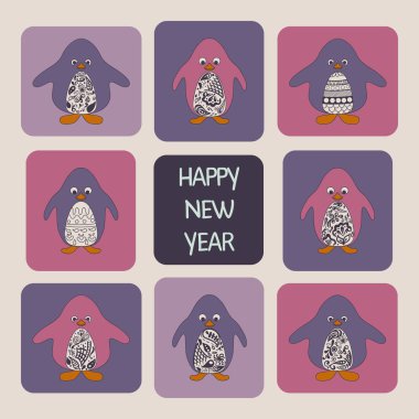 Şirin elle çizilmiş penguenler set - Happy New Year