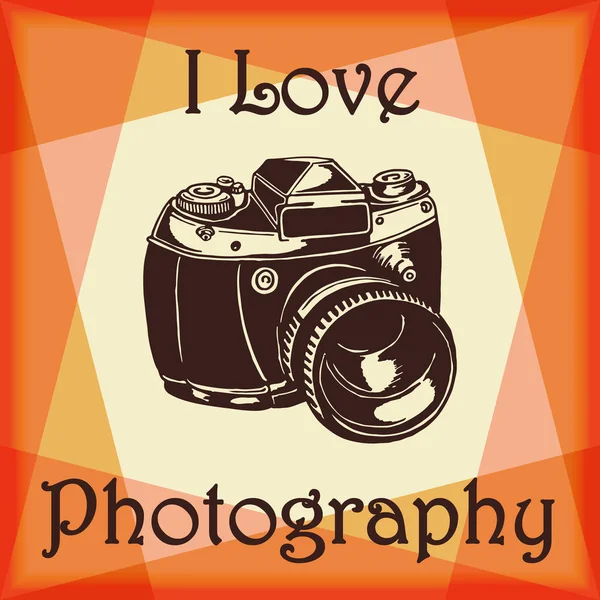 Vintage photo camera with soft background and quote: I Love Photography — Stock Vector