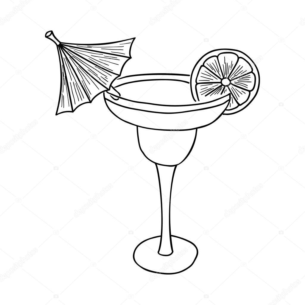 Glass with drink, black on white background. Vector sketch illustration