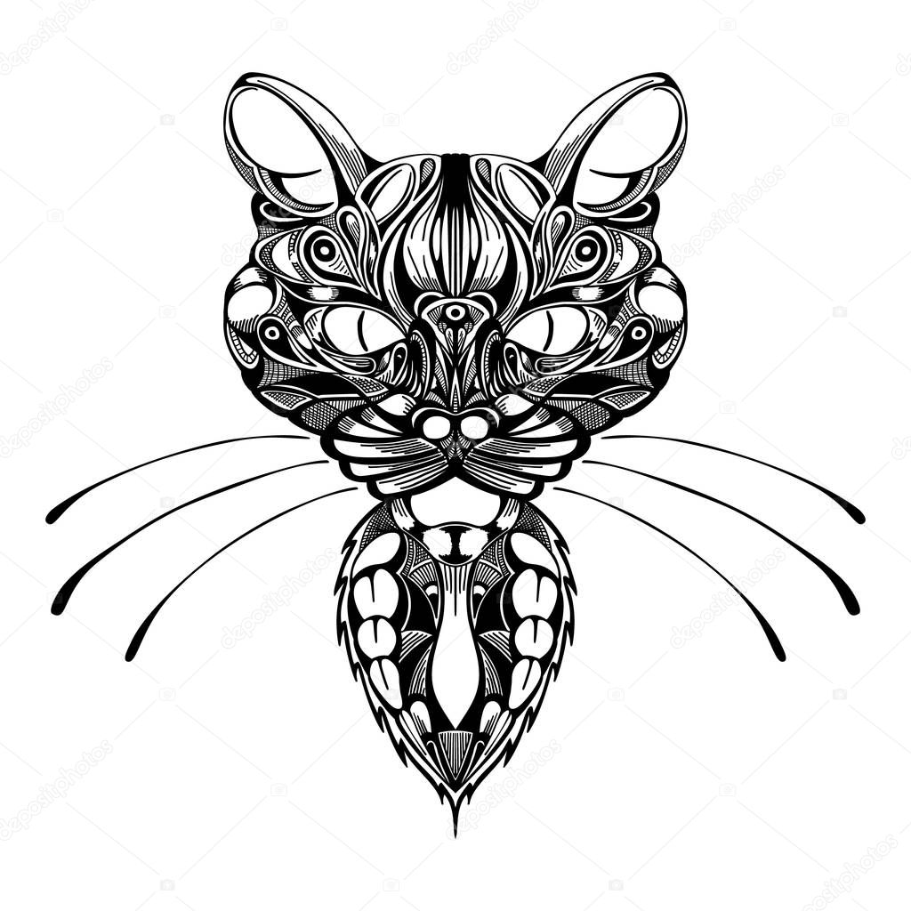 Stylized patterned face cat. Vector illustration