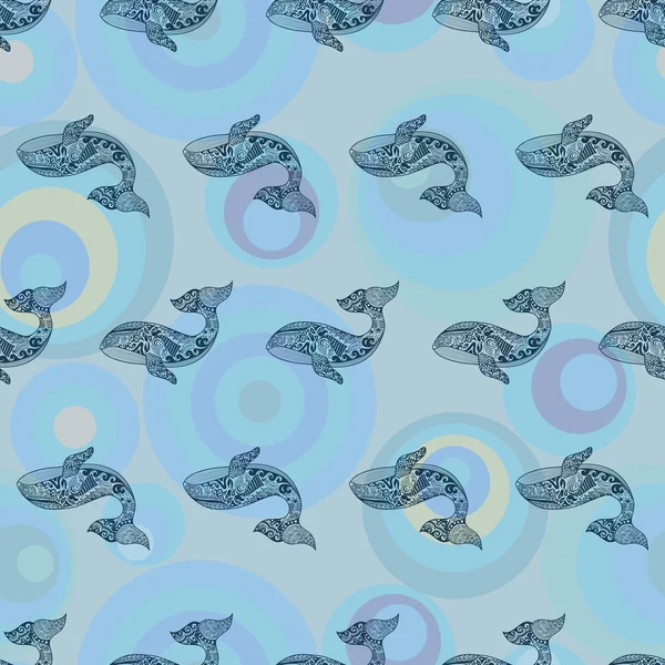 クジラ、zentangle スタイルのシームレス パターン — ストックベクタ