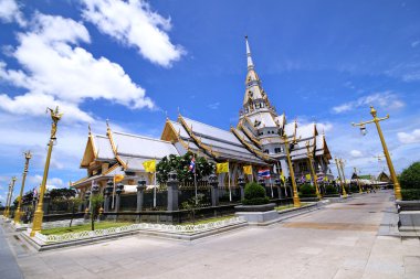 Wide angle view of Buddha building in cloudy sky  Thailand.