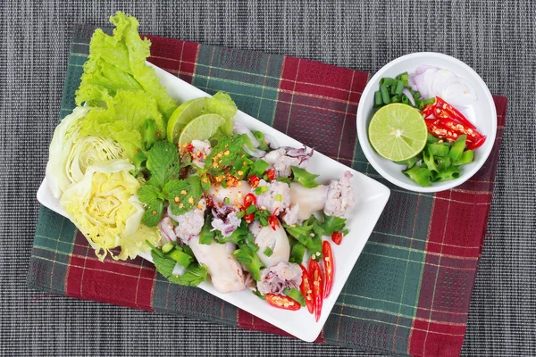 Spicy and sour mixed herb salad with squid wrap minced pork. — Stock Photo, Image