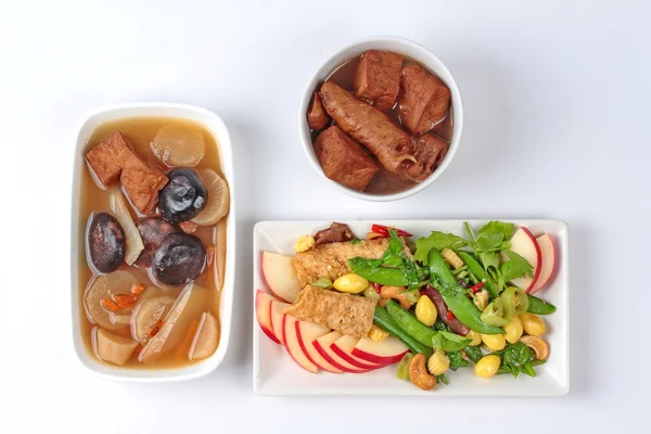Chinese Vegetable festival food as fried ginkgo with mixed vegetables served with brown soup and streamed Chinese medicine herb soup ", J food festival " — Photo