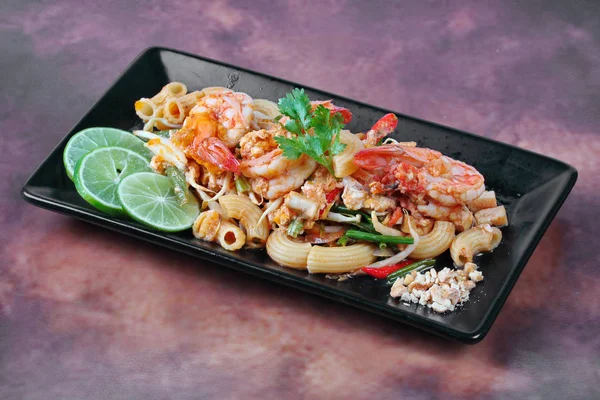 Thai fried macaroni with shrimp , call Pad Thai Macaroni in Thai